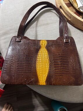 Vintage Bag HK Brown Croc-Embossed Handbag with Yellow Accent